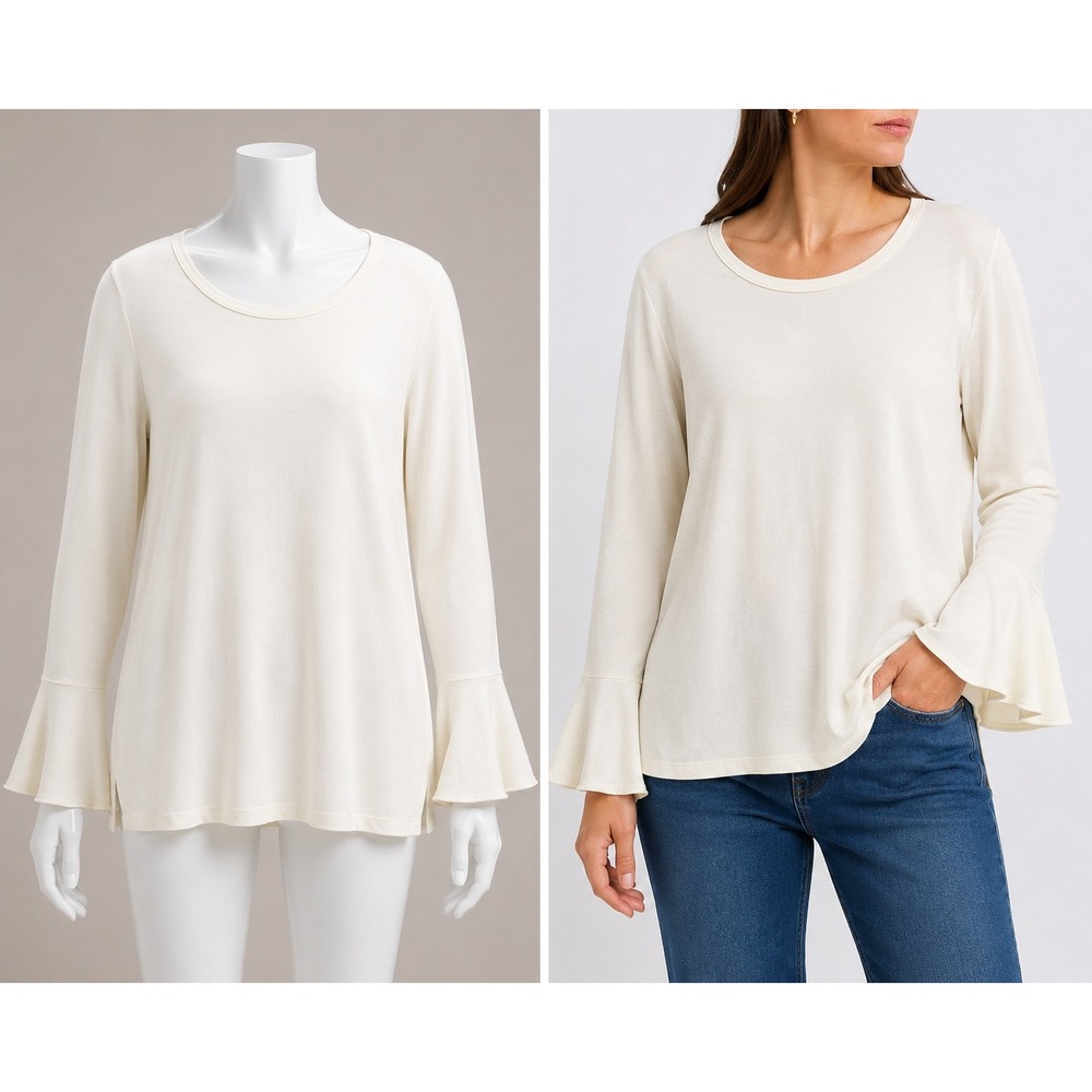 Isaac Mizrahi Live Top Womens Medium Cream Bell Sleeve Cotton Modal Knit Blouse